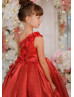 One Shoulder Dark Red 3D Flowers Shiny Organza Flower Girl Dress